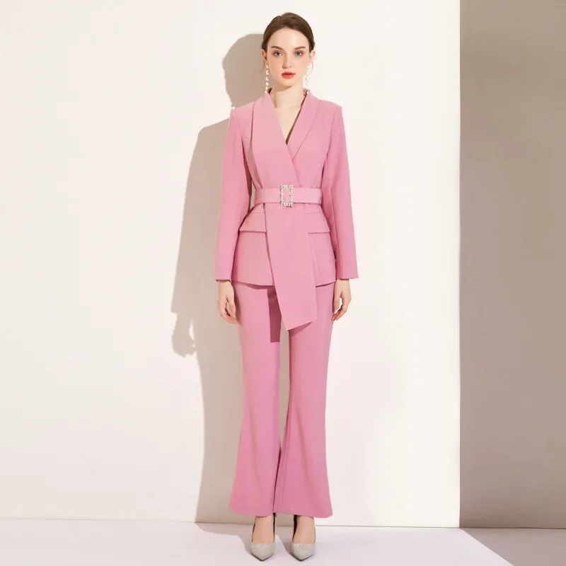Pop High Quality Women Belt Business Attire Blazers Trousers Suits Set 2 Piece Elegant Slim Fit Pink Formal Office Lady Blazer S