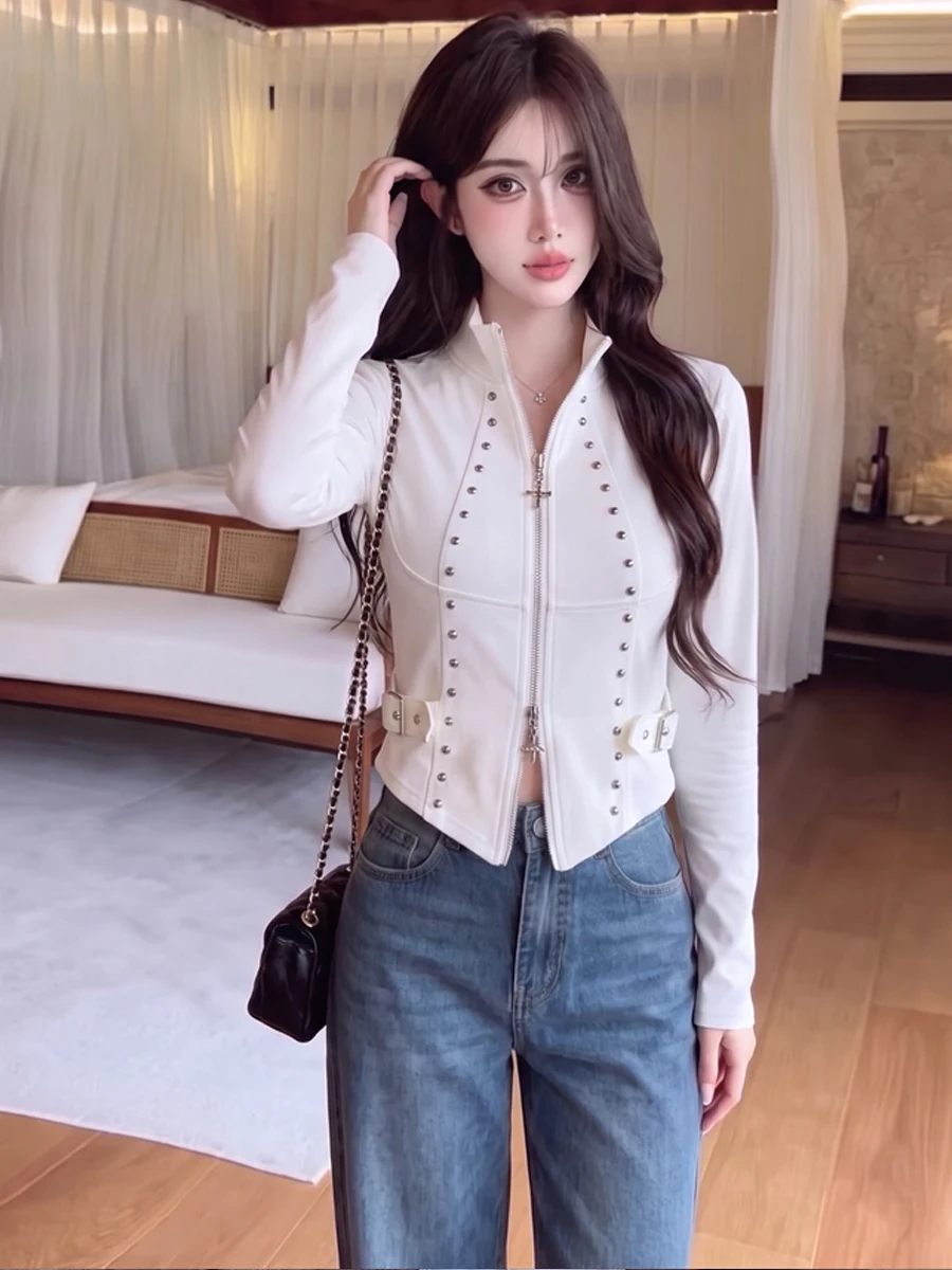 Slimming Effect Long Sleeve Stand Collar Jacket Rivet Detail Modern Style Women's Top Fashionable Versatile Waist-Cinching ...