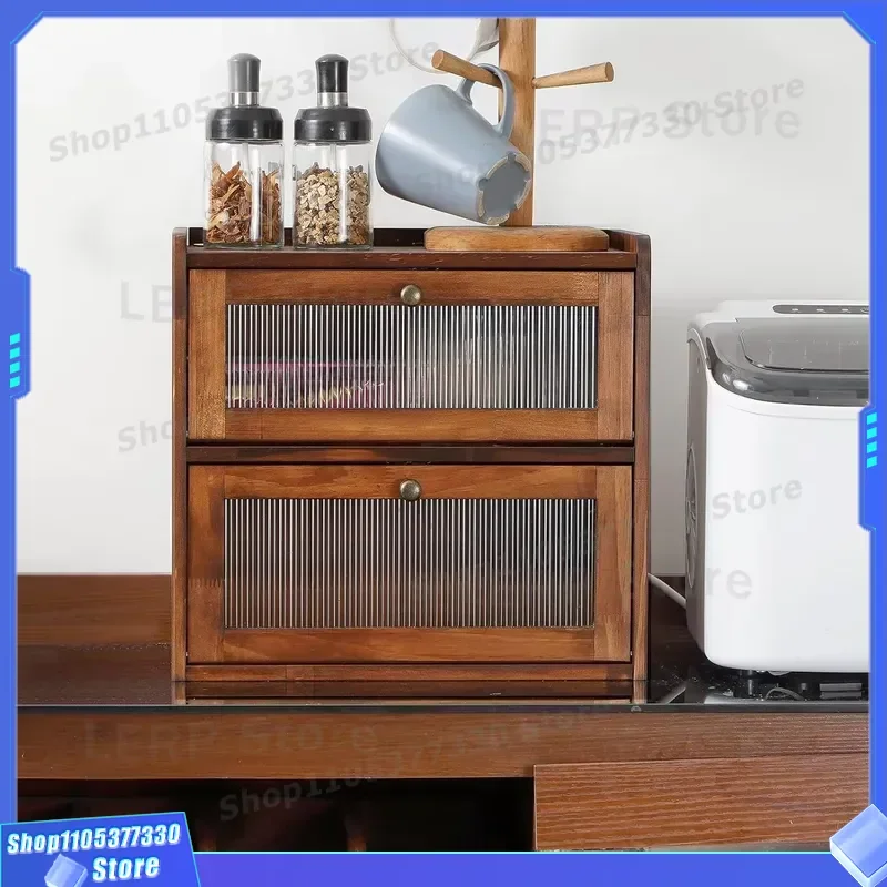 Double Layer Solid Wood Bread Box Flip Top Kitchen Storage Cabinet for Pastry Dessert Household Wooden Container Organizer