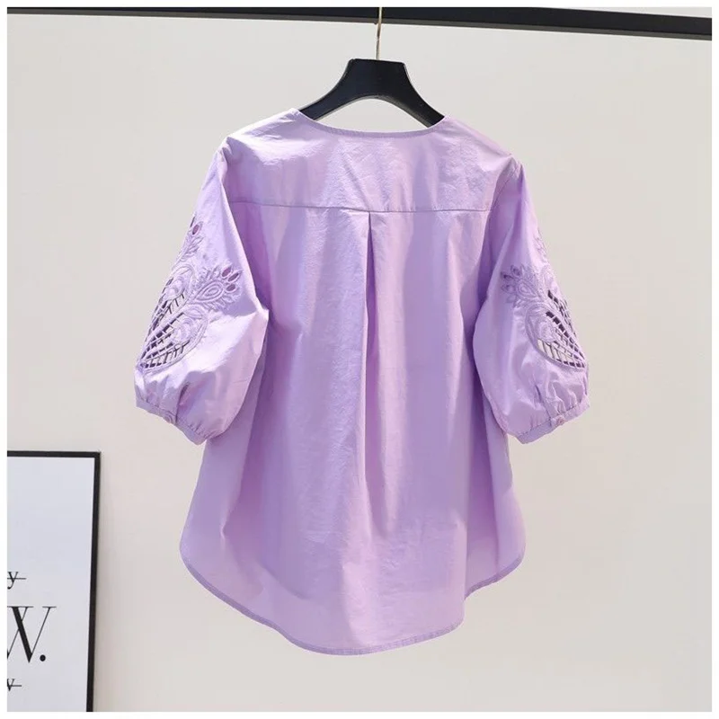 Fashion Literary Style Women Shirts Summer New V-neck Embroidered Cotton Blouse Loose Lantern Sleeve Tops Female Cardigan Blaus