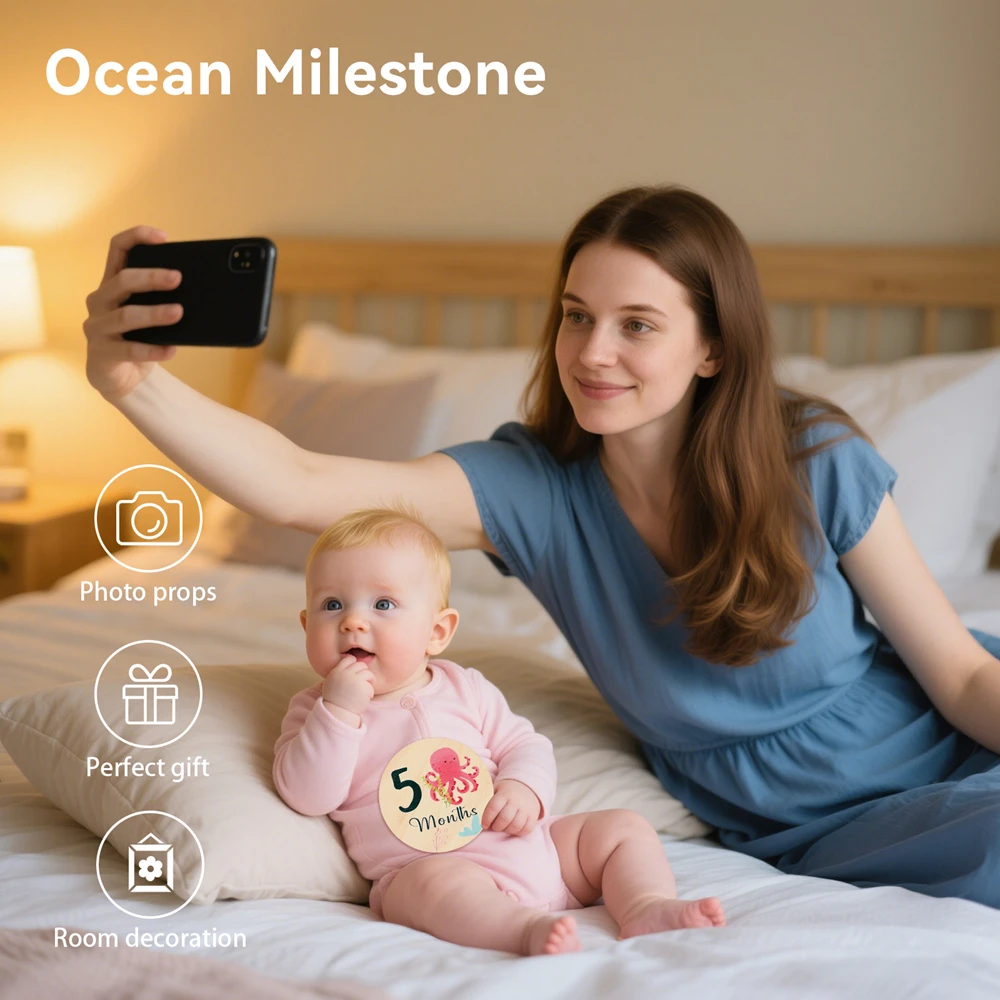 Newborn Wooden Milestone Cards Set Sea Animal Theme Number Monthly Memorial Cards Wooden Engraved Age Photography Accessories