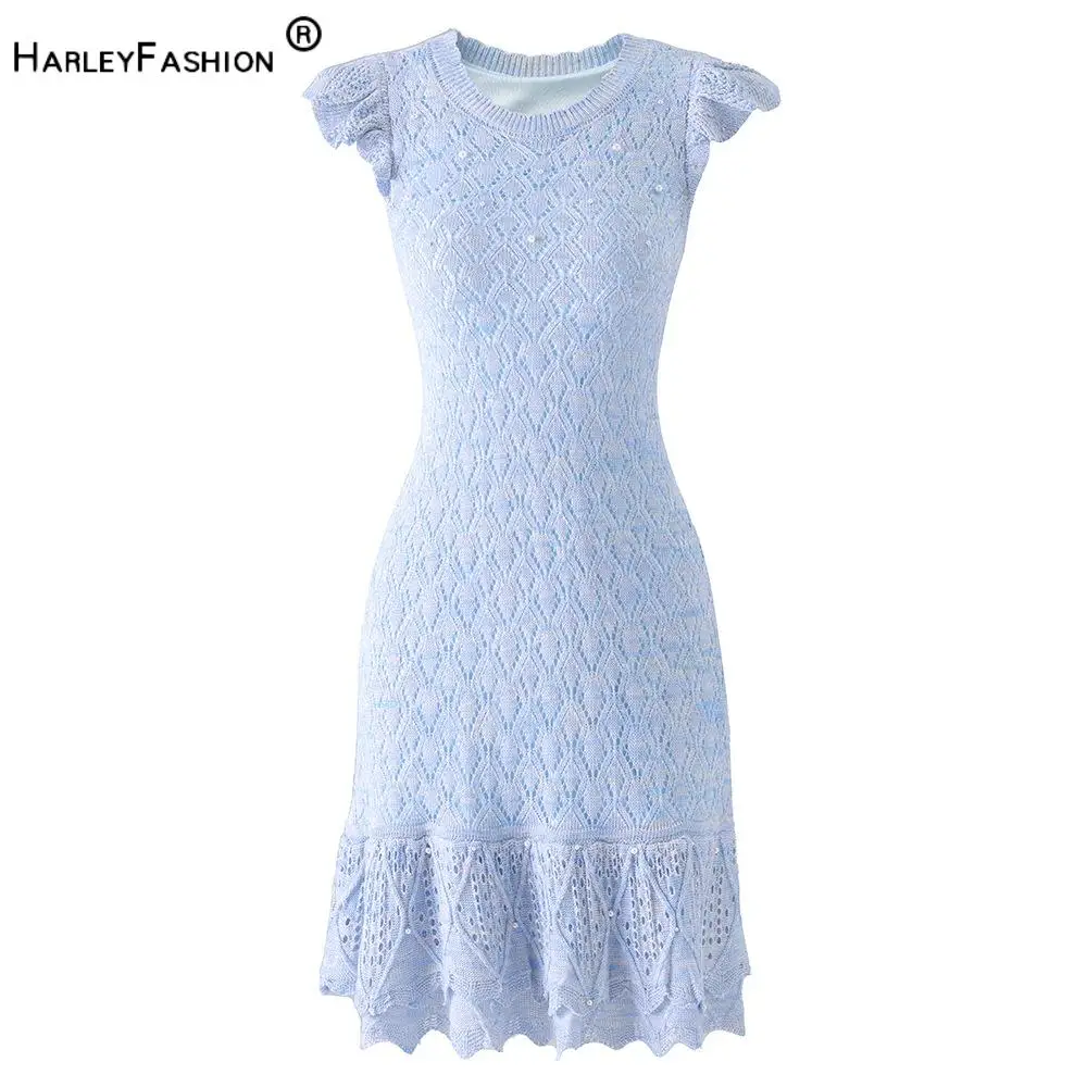 2026 Summer Lady Vivid Solid Color Wear O-neck Sleeveless Ruffles Hem Hollow Out Beading Slim Fitted Short Mini Knits Dress
