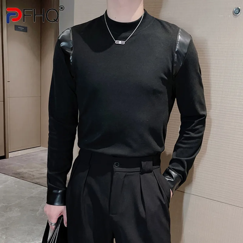 PFHQ New Korean Fashion Slim Fit Men\'s Round Neck Patchwork PU Leather Long Sleeved T-shirt Fashion 2024darkwear Tops 21Z5312