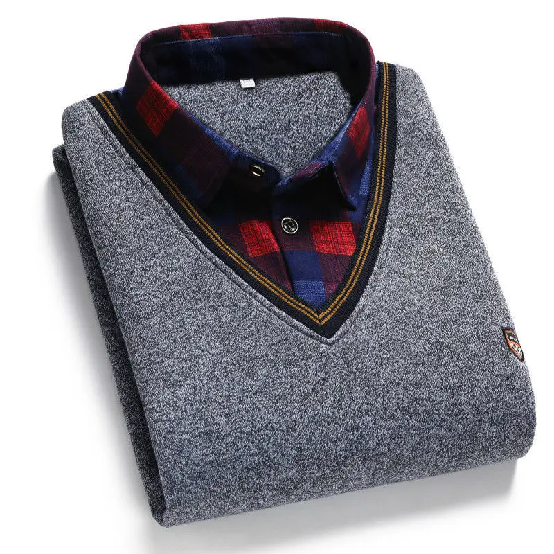 SHiONFA Herbst Winter Herren Langarm Pullover Shirts Gefälschte Zwei Stücke Pullover Fleece Dickes Hemd Gestrickte Casual Kleidung 4XL – Detail 5