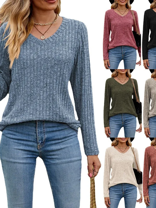 

Женская футболка с V-образным вырезом и длинными рукавами, повседневный тонкий летний топ из полиэфирного волокна, простой модный топ в европейском стиле для молодых женщин