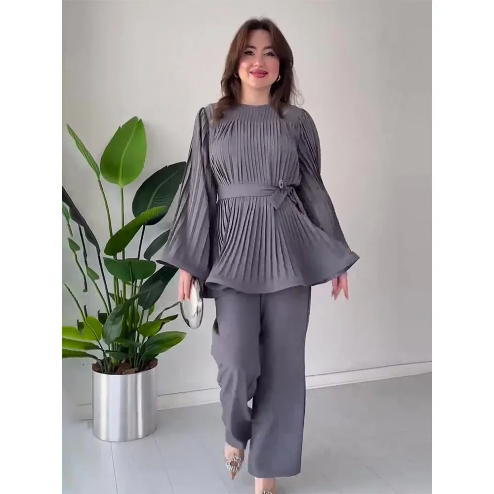 Women\'s Casual Style Suit 2024 Spring/summer Latest Round Neck Bat Sleeve Pleated Long Sleeved Top with Elegant Temperament Set