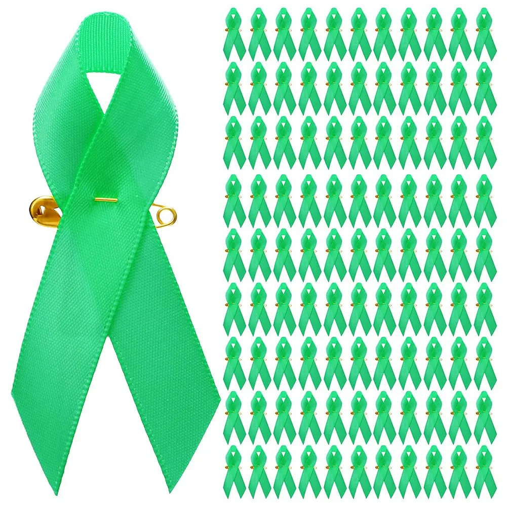 100 Pieces Awareness Ribbon Satin Ribbon Lapel Pins Fabric Ribbons with Safety Pins for Women Men (Green)