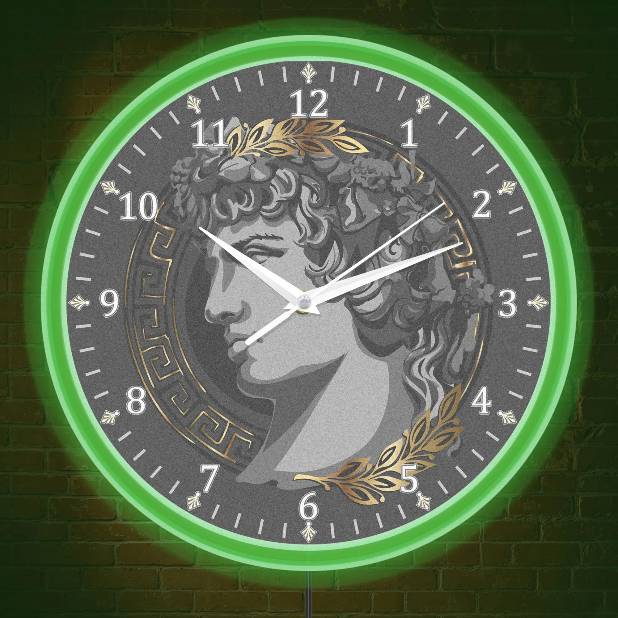 Greek God Laurel Wreath Sculpture Glowing LED Neon Wall Clock Classical Mythology Luminous Wall Clock for Office Study Room