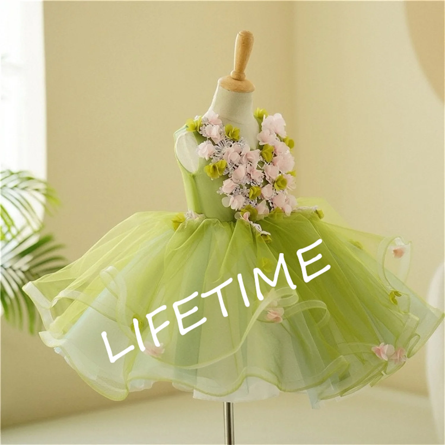 Sage Green Bordado Flower Girl Dress, Apliques florais sem mangas, Vestidos de tule princesa, Vestido de festa formal