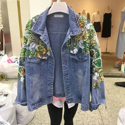 Luxury Spring Fall Women Diamonds Beads Colorful Denim Bomber Sequins Jacket Loose Floral Embroidery Jeans Coat Streetwear Tops