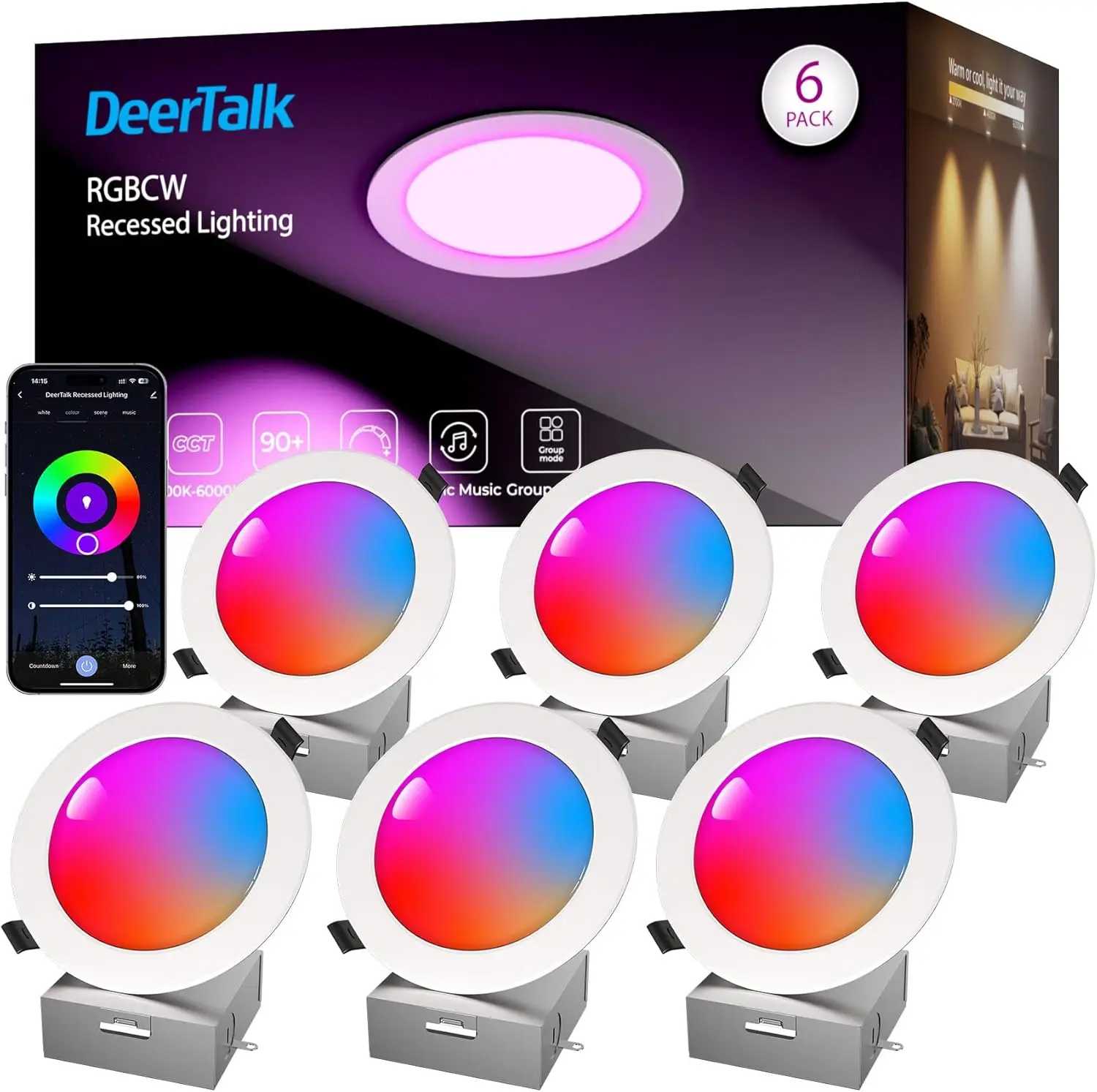 

6 Inch Smart LED Recessed Lights with App & Voice Control, Dimmable RGBCW Ceiling Lighting 6 Pack