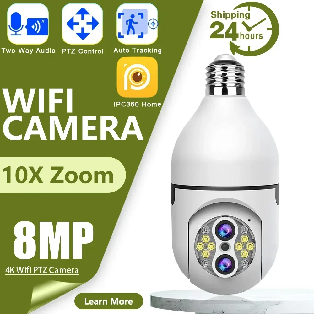 4K 8MP 10X PTZ Zoom E27 Bulb WiFi Camera Dual Lens Auto Tracking Two Way Audio Color Night Vision Outdoor Survalance Monitor Cam