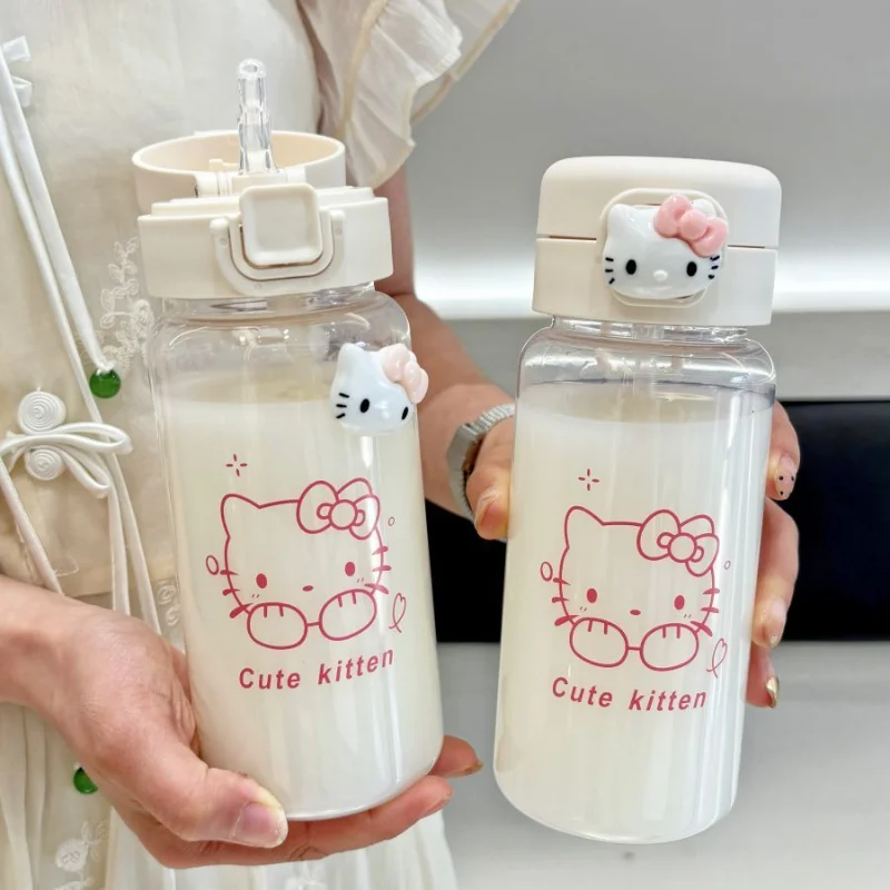 500ml Sanrio Hello Kitty Water Bottle Transparent Straw Diy Anime Cartoon Kuromi Cinnamoroll Plastic Kawaii Water Cup Thing Gift