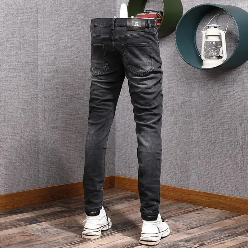 High Street Fashion Men Jeans Retro Black Gray Stretch Slim Fit Ripped Jeans Men Trousers Vintage Designer Denim Pants Hombre