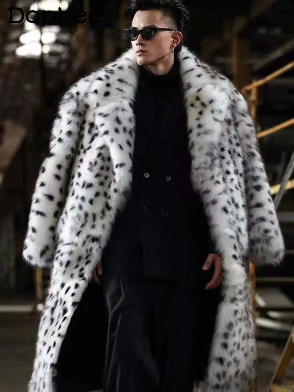 

2024 Winter New Men's Suit Collar Long Sleeve Men's Coats Long Leopard Print Fox Hair Snow Leopard Spotted Male Temperament Fur