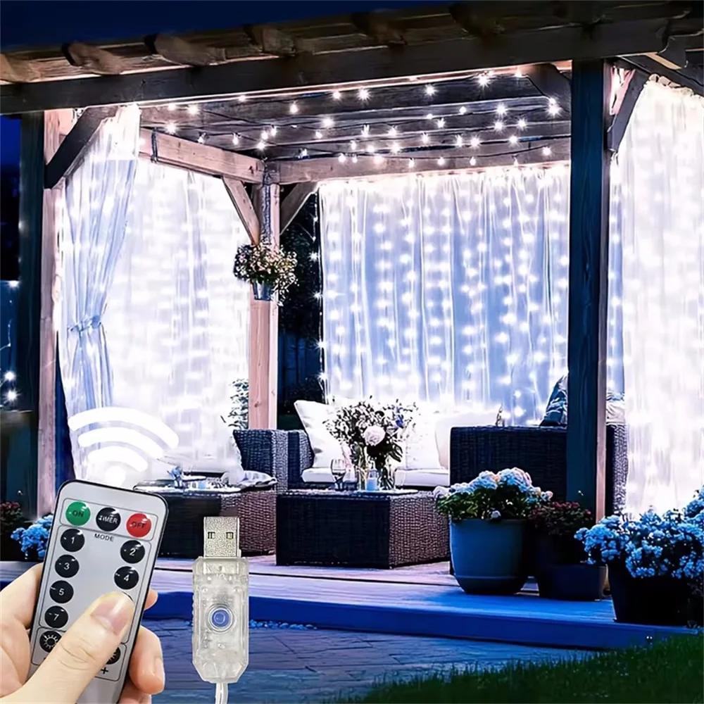 USB Powered LED Curtain String Lights 8 Lighting Modes Party Lights with Remote Control Indoor Fairy Garden Christmas Decoration