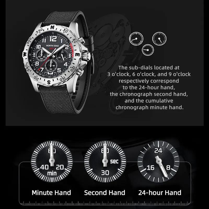 NORTH EDGE MACH2 Solar Watches for Men Luminous Chronography Waterproof 50M Quartz Watches Mens Watch Pilot Relogio Masculino