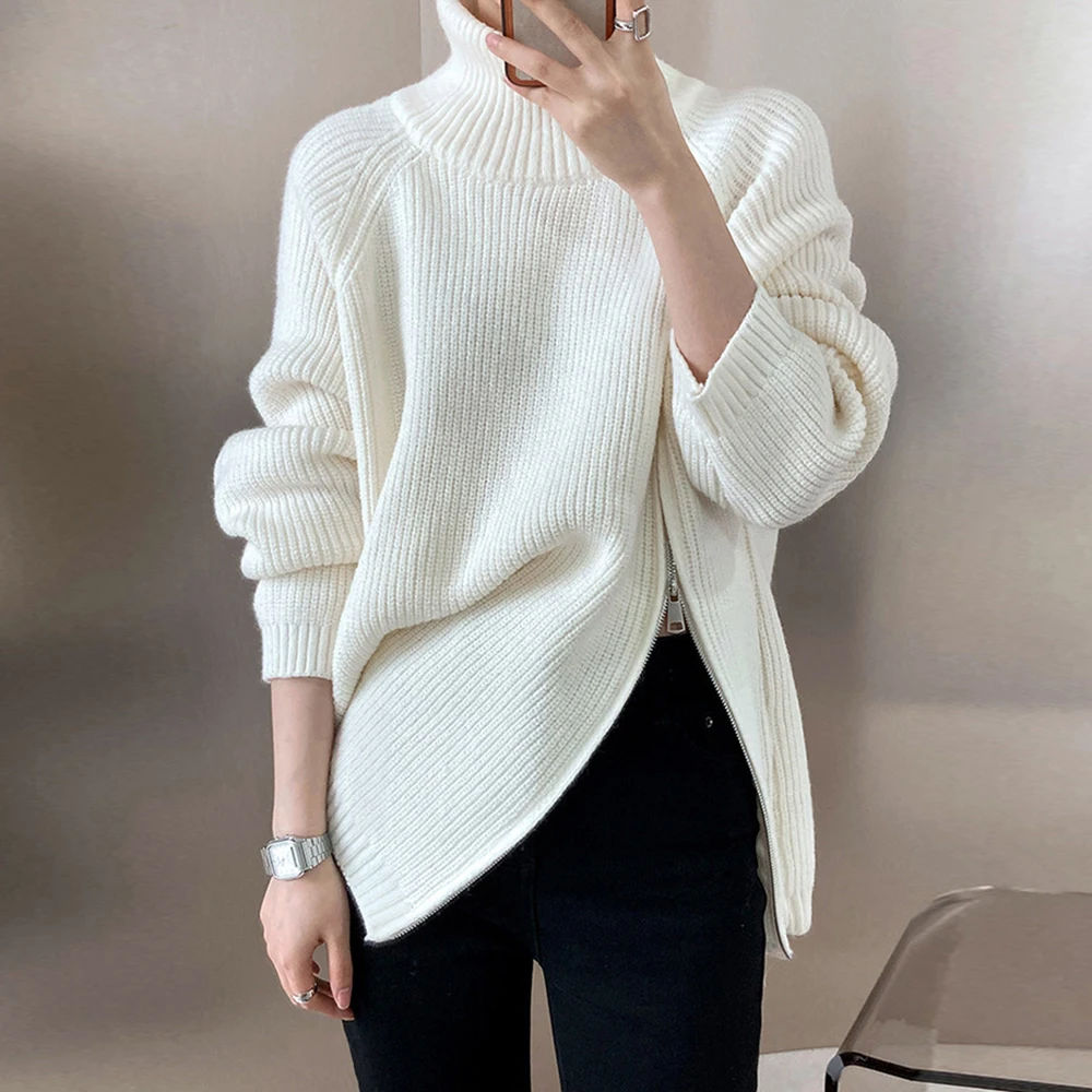 TWOTWINSTYLE Solid Slimming Knitting Sweater For Women Stand Collar Long Sleeve Casual Pullover Sweaters Female Fashion Style