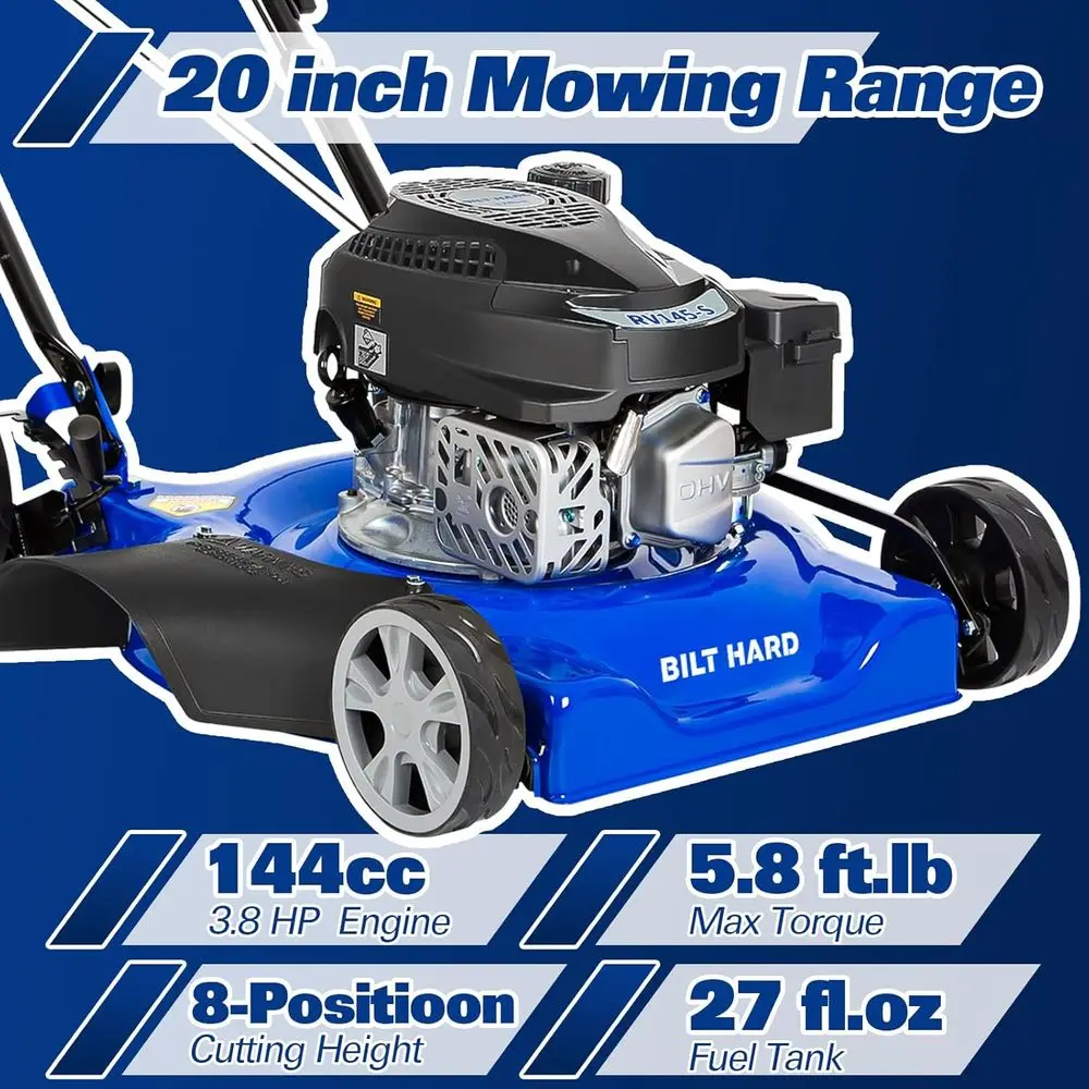 Gas Lawn Mower 20 inch, 144cc 4-Cycle OHV Engine Lawnmower, 8 Adjustable Cutting Heights Push Mowers or Lawn, Yard and Garden
