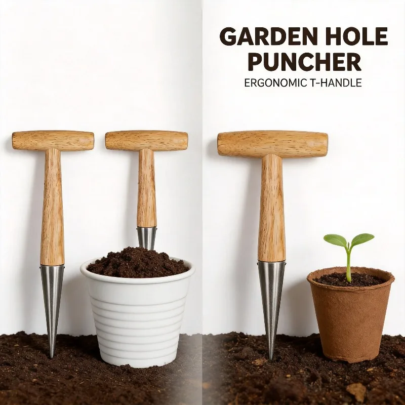 Stainless Steel Seeder Excavator Wood Handle Hole Drilling Seedling Transplanter Flower Vegetable Planting Horticultural Planter