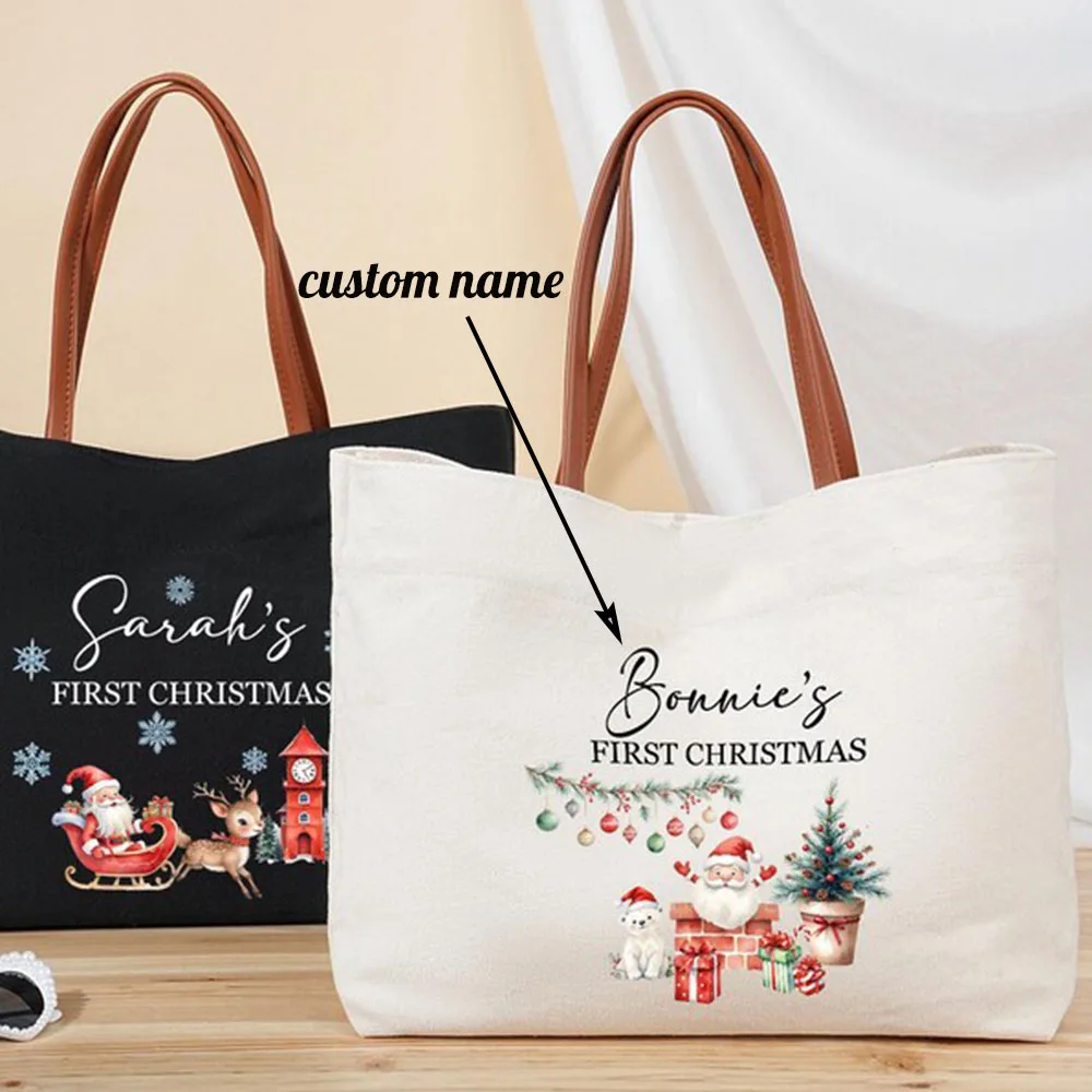 

Custom Name Christmas Canvas Tote Bag Personalized Festive Xmas Pattern Reusable Tote Bag Stylish Holiday Gift Bag for Women