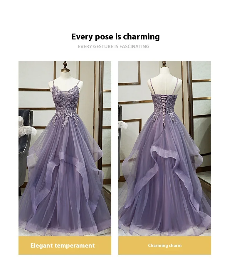 Banquet evening dress Lady purple halter dress vocal art Kaosen Department color gauze gauze dress host evening dress