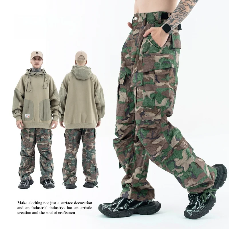 

Мужские брюки карго свободного кроя в американском стиле с камуфляжным принтом и большими карманами, осенне-зимняя новинка, модные городские льняные брюки