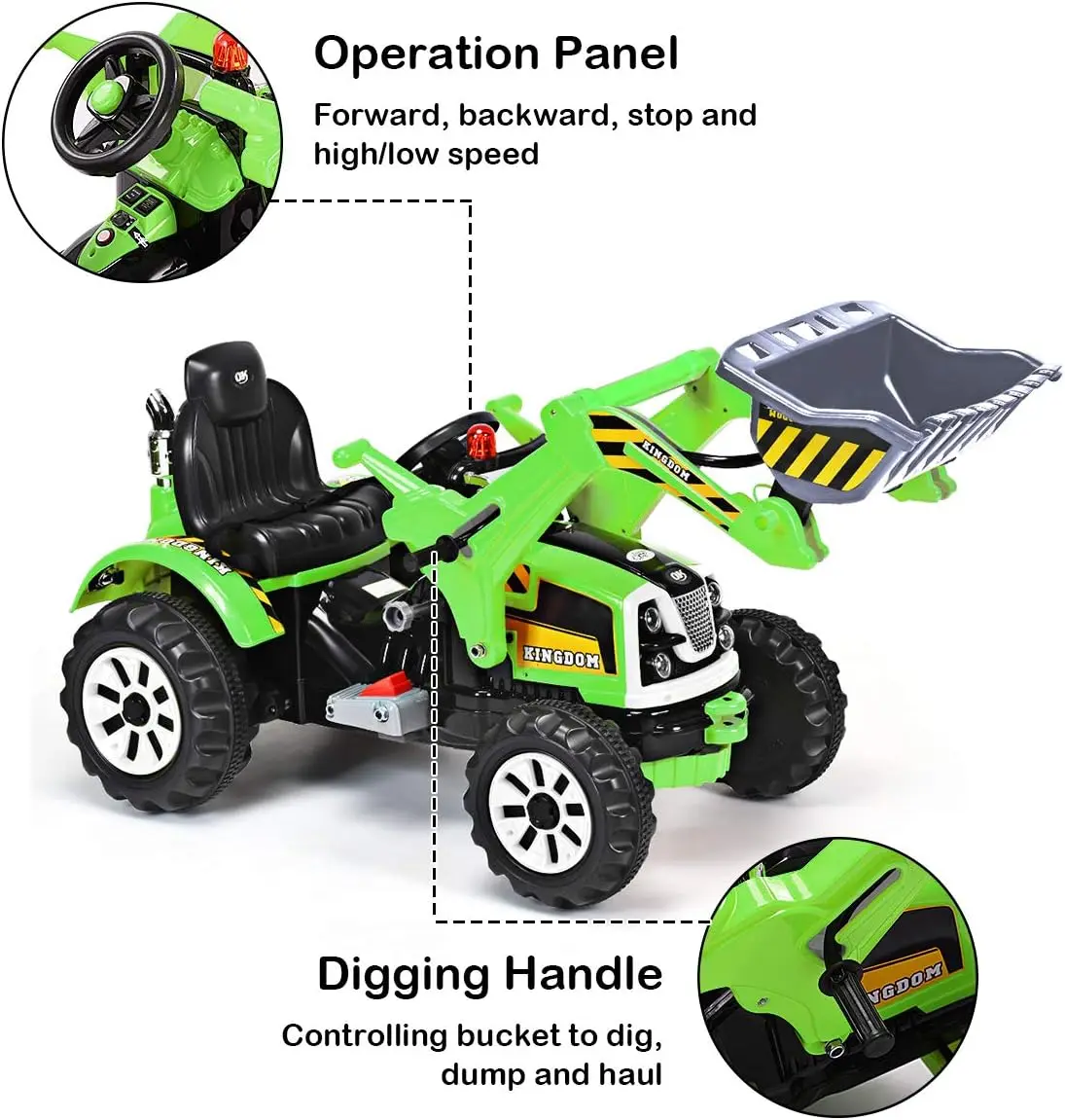 Ride on Excavator, véhicules de construction alimentés par batterie 12 V pour enfants avec chargeur avant, klaxon, ceinture de sécurité, roues sur chenilles, Ride