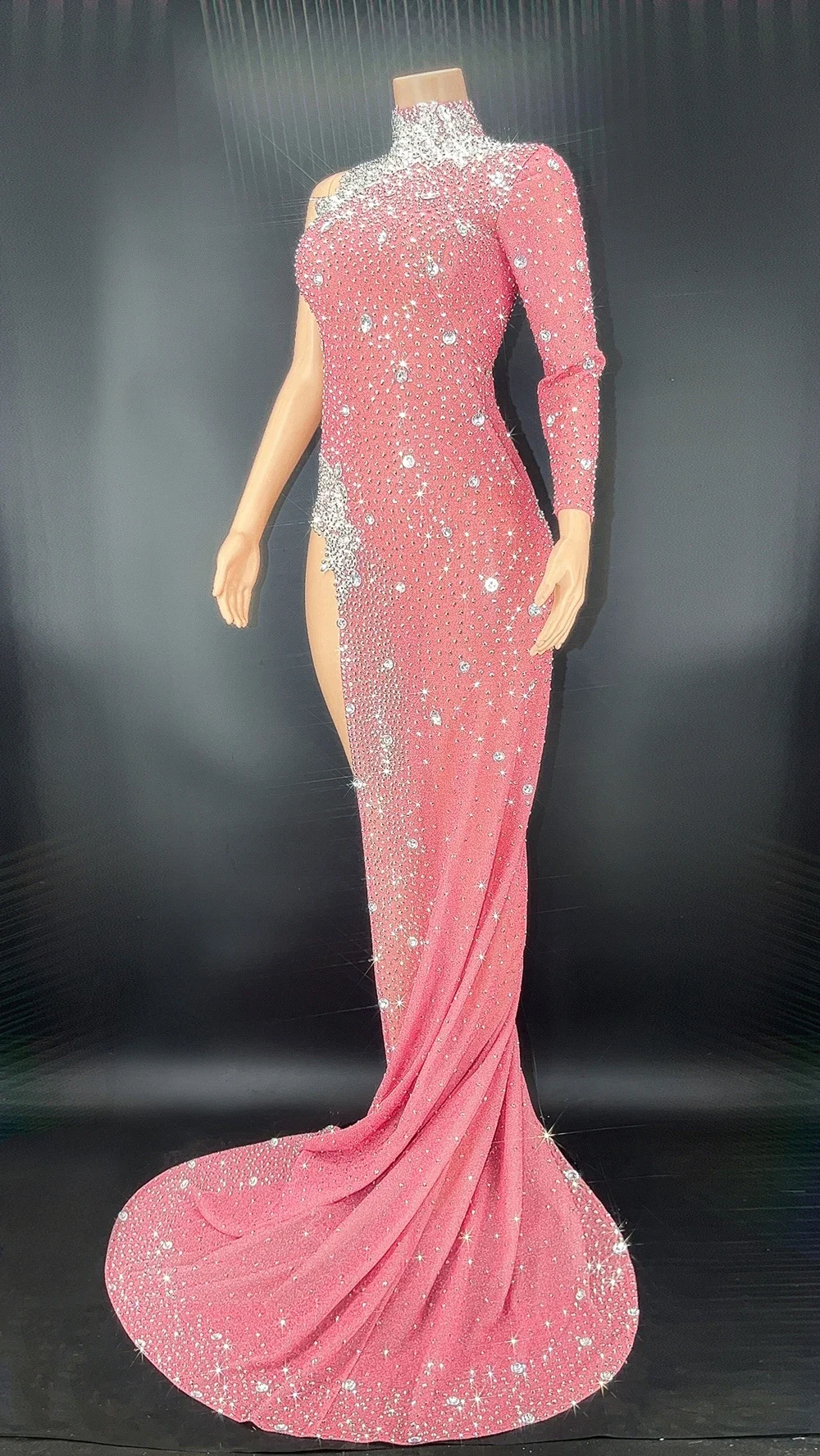 Strass brilhantes manga única alta divisão vestido longo feminino sexy celebrar noite baile de formatura vestido de festa aniversário sessão de fotos wear