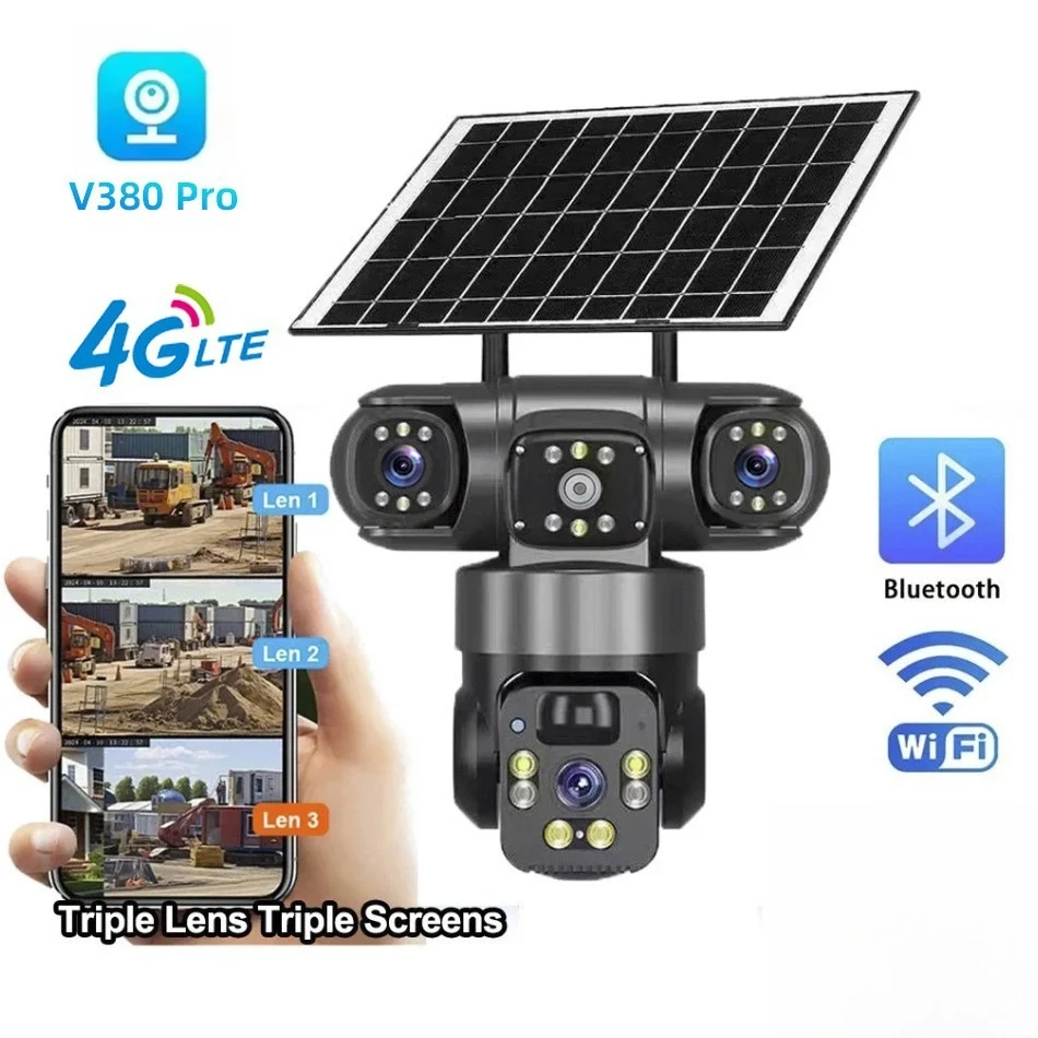 

V380Pro 3-воротная солнечная маломощная наружная камера безопасности - 4G + Wi-Fi беспроводная система ночного видения с обнаружением движения