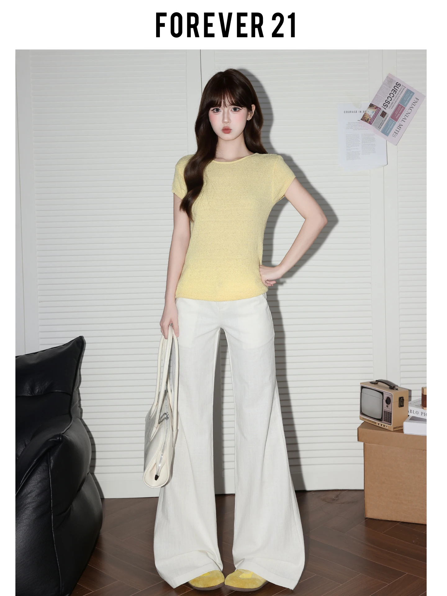 Calças Casuais Brancas de Cintura Alta e Perna Larga para Mulheres, Calças de Verão que Emagrecem, Estilo Casual Forever 21 com Bolso e Zíper, Outro Material