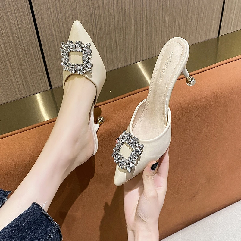 Women\'s Luxury Slippers Summer Pointed Toe Shallow Nude Diamond Shoes Low Heel Sandals Party Women\'s Slingback Shoes