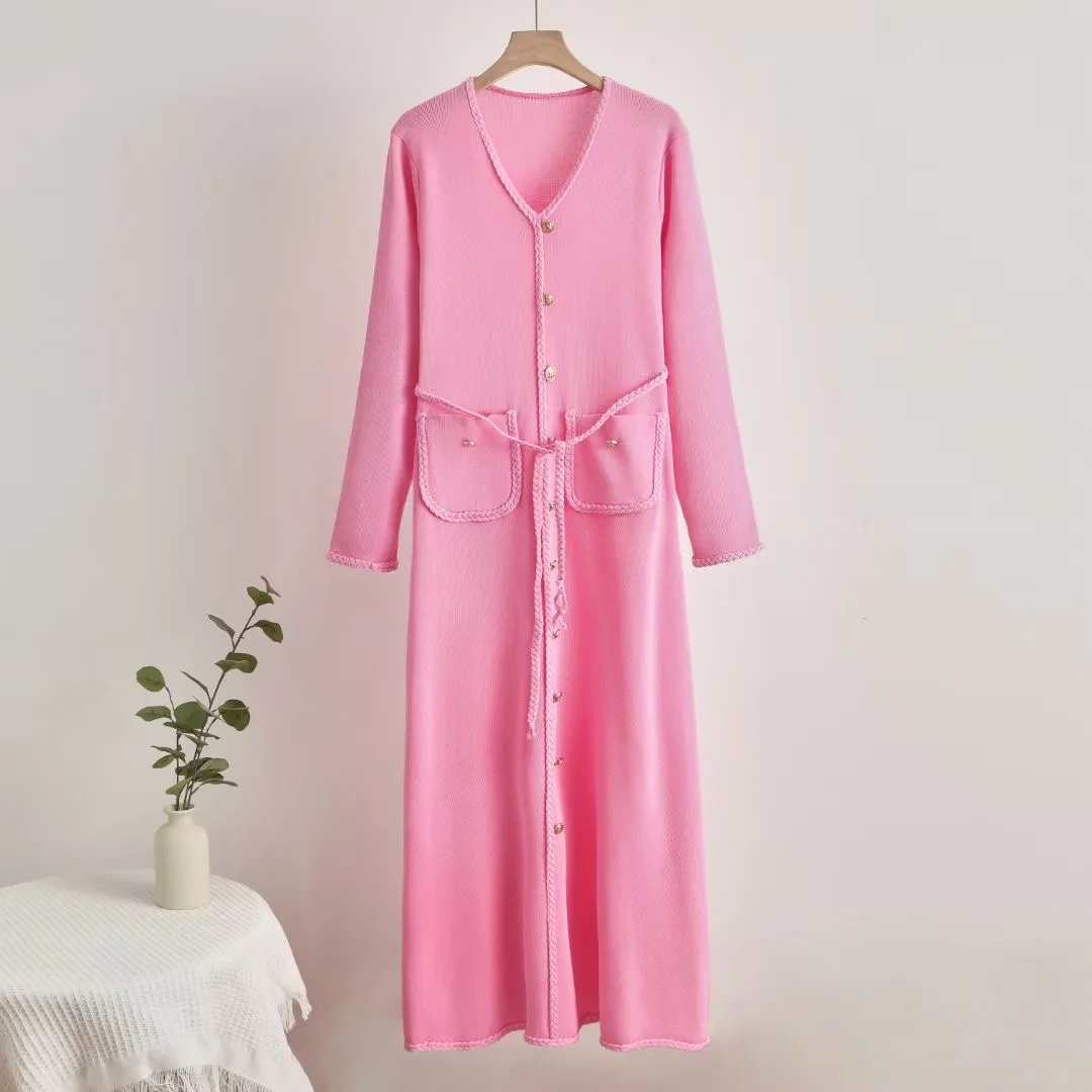 V-ausschnitt Stricken Frauen Kleid 2025, Herbst Elegante Vintage-Mode Damen Kleider Langarm einreiher Schärpen Weibliche Vestidos