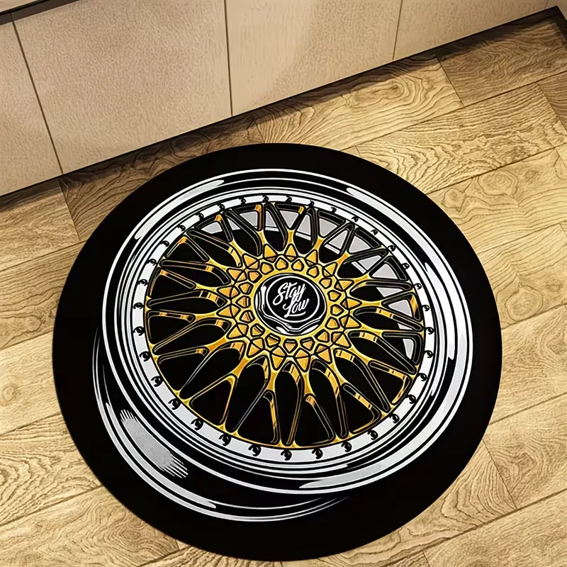Vintage Sport Car Wheel Round Rug Stay Low Print NonSlip Floor Mat for Game Room Garage Man Cave Car Lover Home Decor