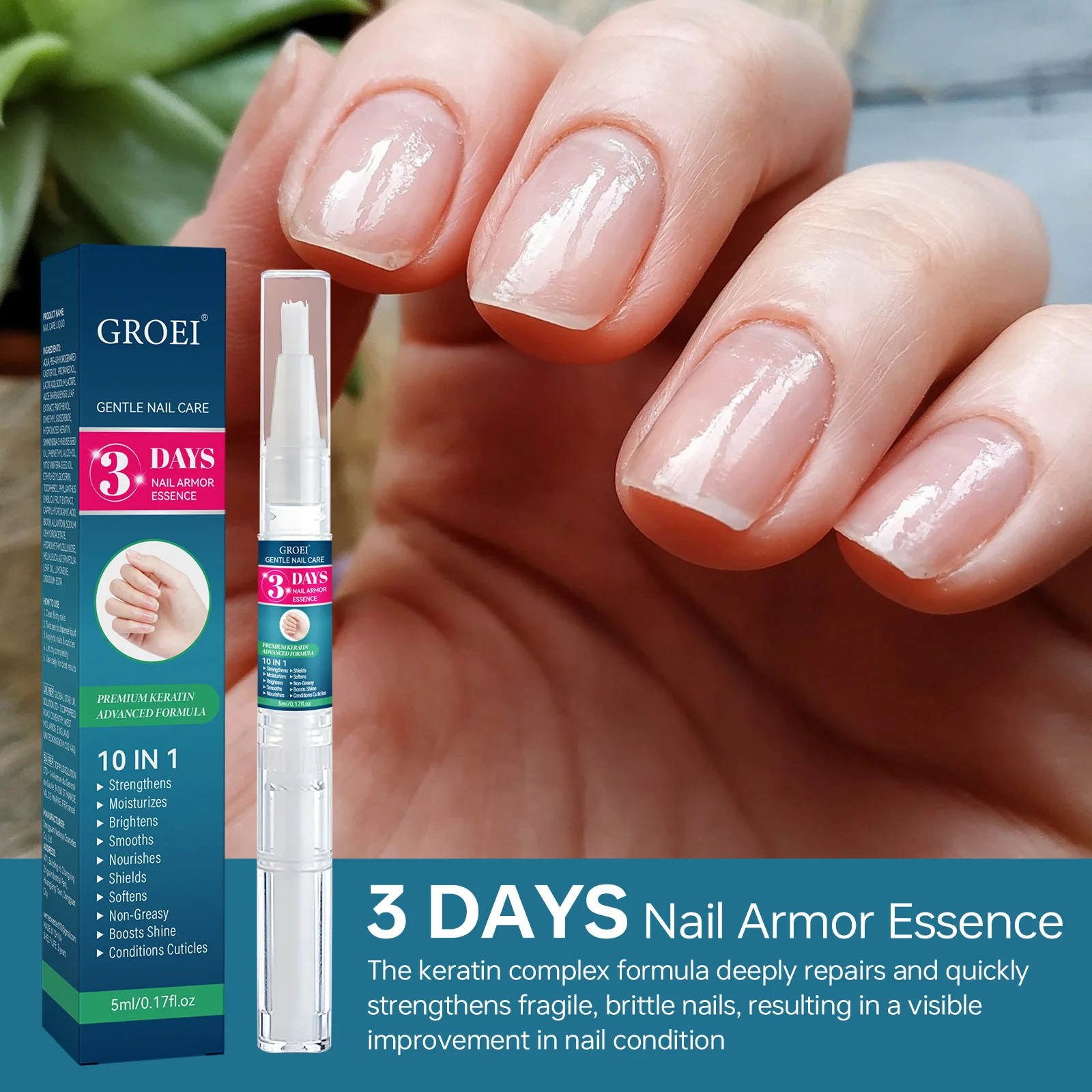10-in-1 Keratin Nail Care Pen 5ml Aloe Extract Cuticle Repair Hydrating Strengthening Non-Greasy Dry & Fragile Nail Treatment Qu