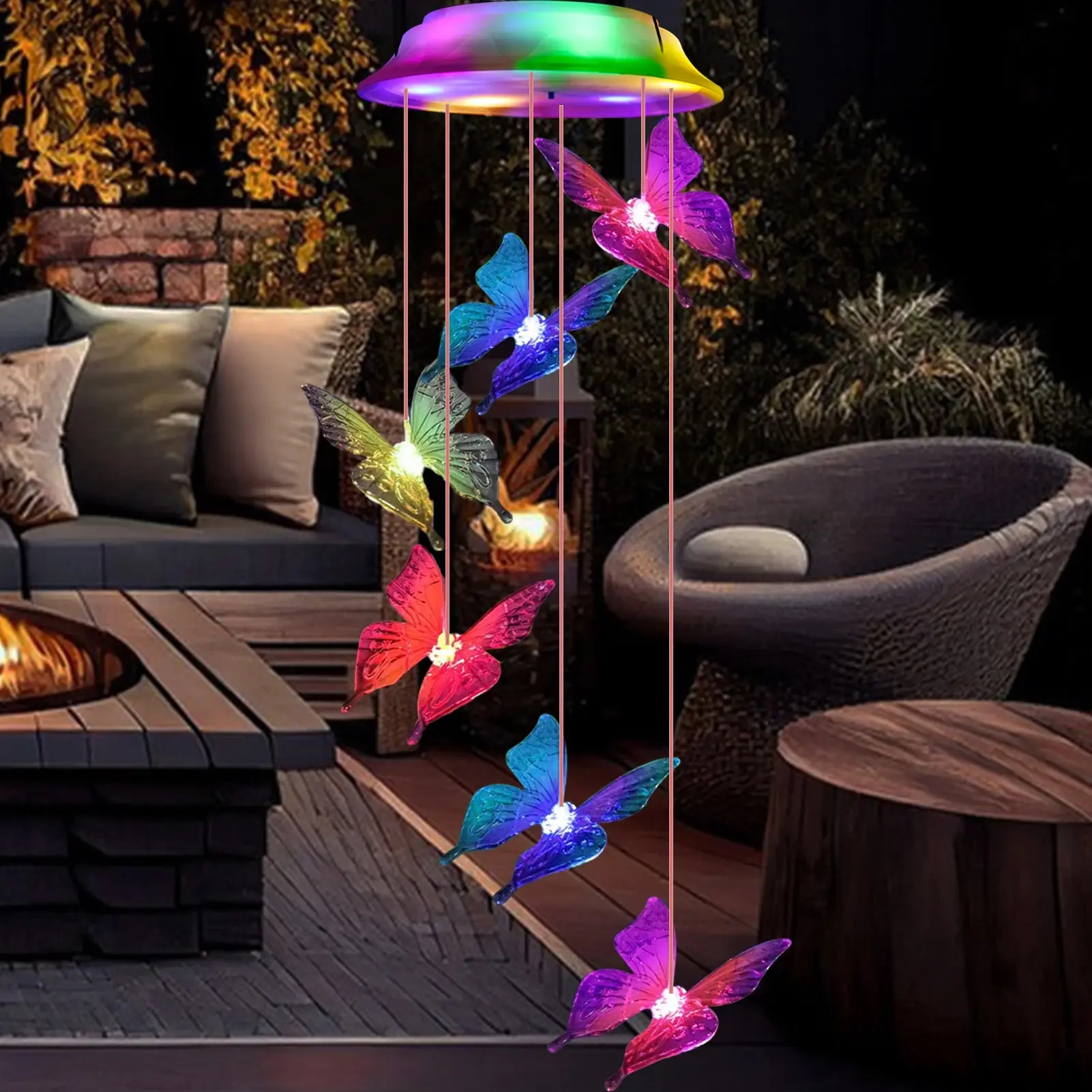 Outdoor Waterproof and Color Changing Solar Butterfly Wind Chimes, Christmas Garden Decorative Gifts