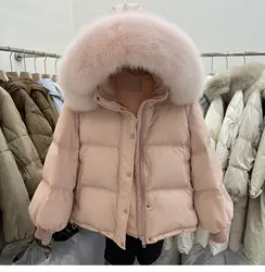 Abrigo coreano con cuello de piel grande para mujer, parka de algodón con capucha, chaqueta suelta, Chaqueta corta de plumón para invierno, novedad de 2023