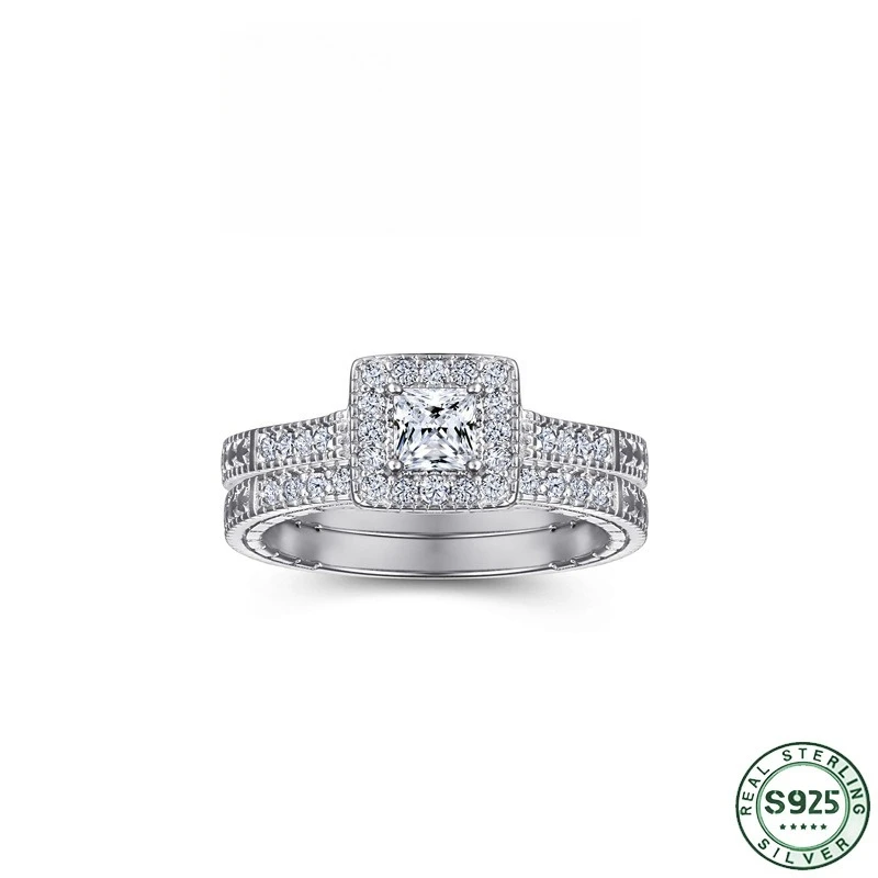 Hot selling fashion 100% s925 silver set with diamond arrangement combination ring, fashionable design ring, wedding jewelry