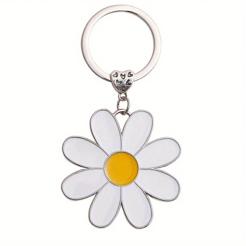 Cute White Daisy Keychain Enamel Crystal Bee Metal Keychains Pendant Purse Bag Decoration Women Girls Flower Charm Accessories