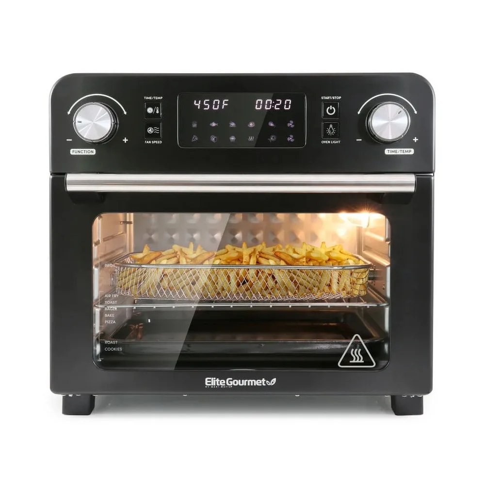 Programmable 23L Air Fryer Rotisserie Oven with 10 Menu Functions, and Interior Light, Black,has a variety of functions.