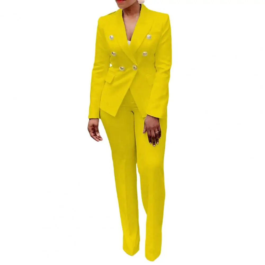 2Pcs/Set Formal Women Blazer Pants Set Office Lady Double Breasted Work Outfit Women Suit Coat Pants Set Yellow