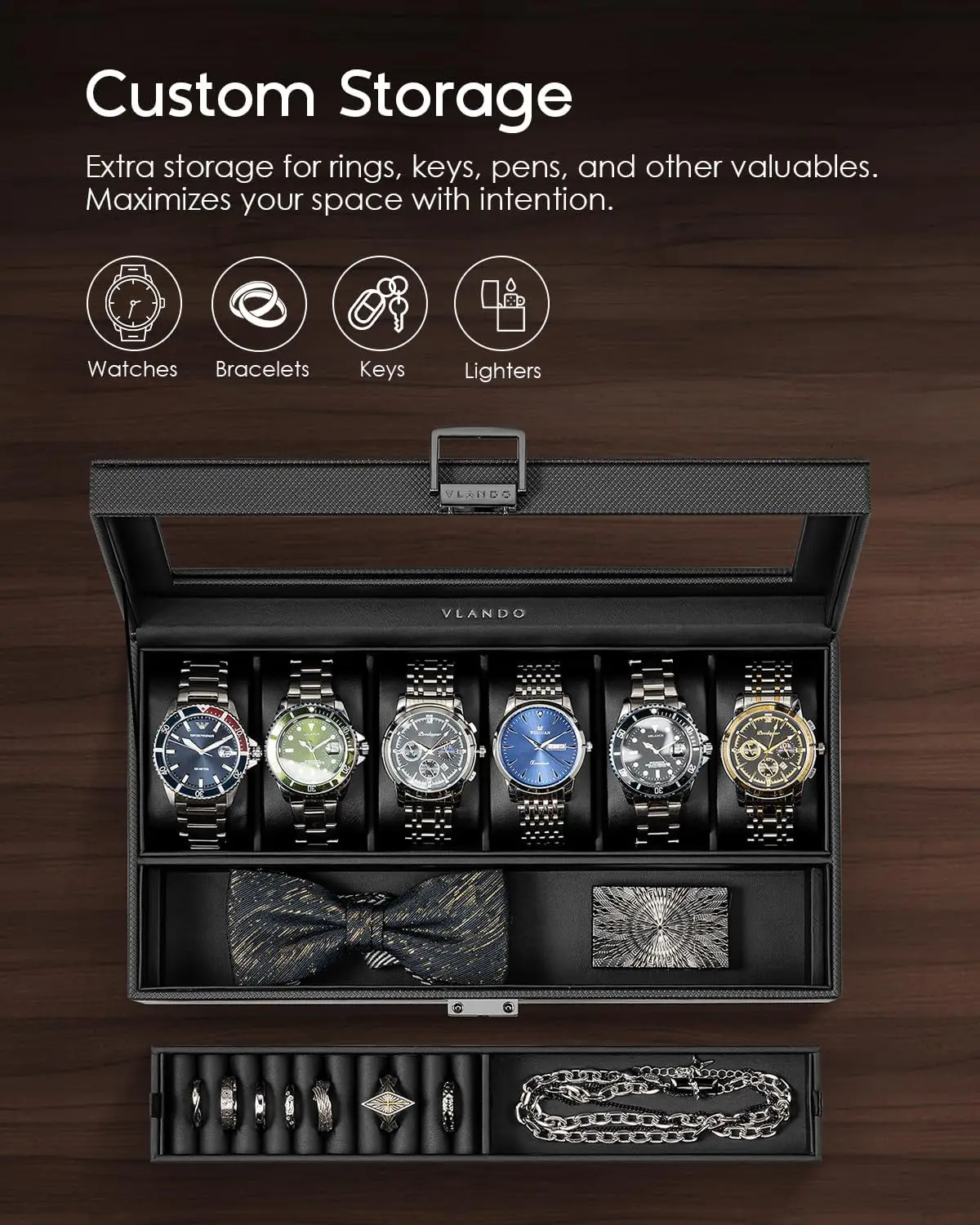 6-Slot Watch Case for Men, Glass Lid Storage Box, Leather Organizer with Soft Pillow, Gift for Dad, Black