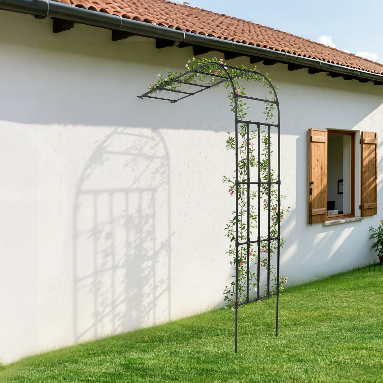 Garden Arch Trellis 86.6in Half-Side Black Steel Frame Climbing Plant Support Outdoor Patio Decor Rose Vine Stand Balcony Courtyard Arbor