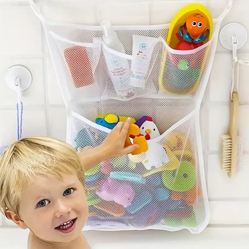 Doppelschichtige weiße Aufbewahrungstasche für Baby-Badespielzeug, Aufbewahrungstasche für Baby-Hautpflege-Spielzeug, Netztasche mit starkem Saugnapf