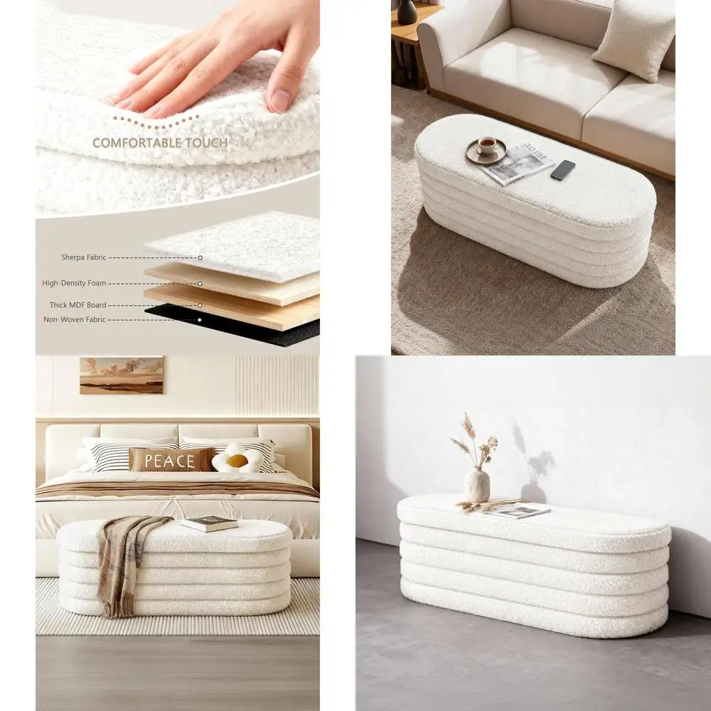 

Банкетка-пуф с обивкой и местом для хранения 43 Upholstered Storage Ottoman Bench - Entryway Shoe Seat, Sherpa White
