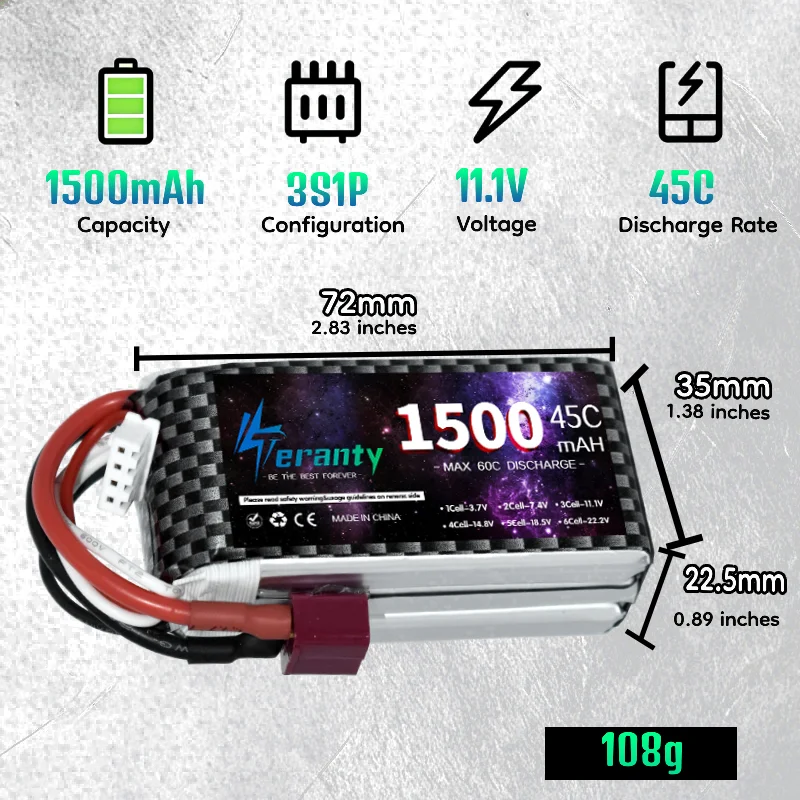 2Pcs TERANTY 1500mAh 45C Lipo Battery 3S 11.1 V Short Battery RC with T XT60 XT30 JST Plug for RC Car Helicopter Airplane