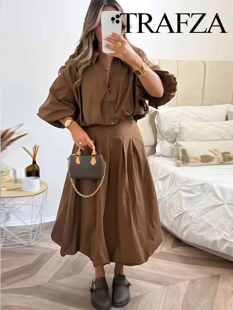 

TRAFZA Female Autumn Fashion Solid Three-quarter Sleeves Lapel Zipper Coat Top+Pleated Lantern Flower Bud Casual Long Skirt Suit