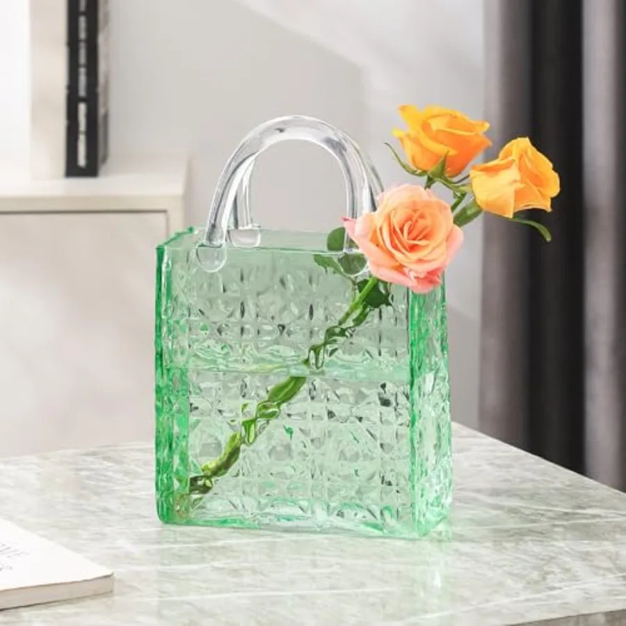 

Purse Vase, Glass Bag Vase, Glass Purse Vase for Flowers, Green Vases, 12 Inch Large Flower Vases with Embossed Pattern for Wed