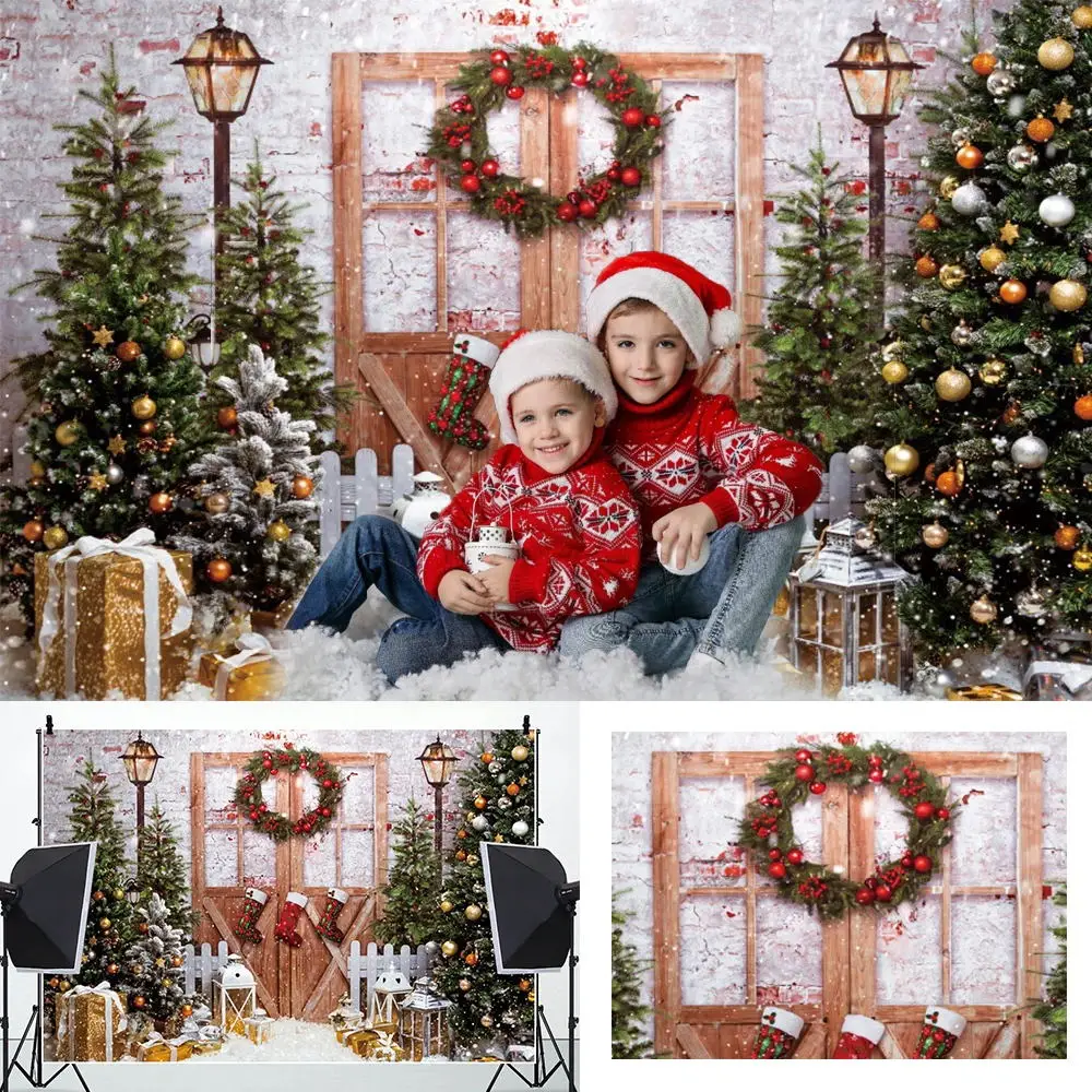 

Merry Christmas Backdrop Xmas Tree Fireplace Gift Window Family Baby Portrait Photography Background Party Decor Photo Studio