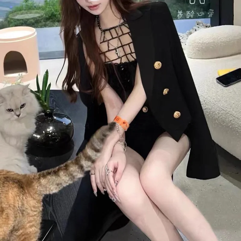 

Black ladies blazer for women double-breasted short suit jacket